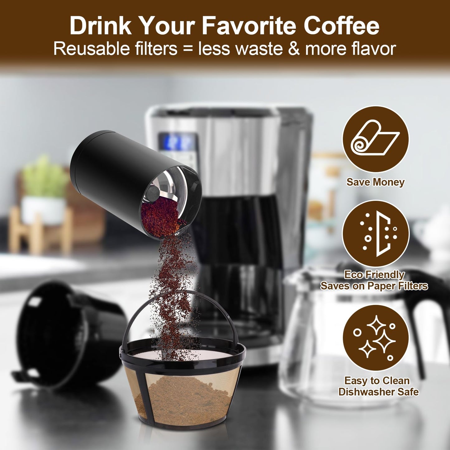 Reusable Coffee Filters 8-12 Cup Compatible with Black Decker Mr Coffee & Most Standard 8-12 Cup