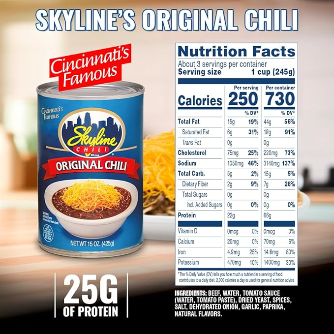 Skyline Chili Bundle - 8-Pack of 15oz Cans Original Chili, (1) 6oz Skyline Hot Sauce Bottle - Authentic Cincinnati Ground Beef Chili with No Beans - Ready to Heat Meal for Hot Dogs, Spaghetti & More