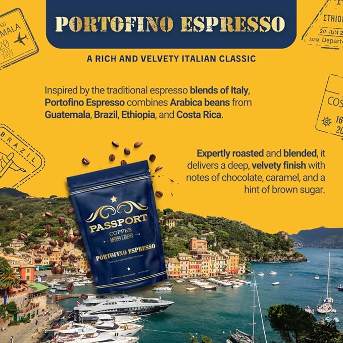 Passport Coffee Portofino Espresso ??Medium-Light roast blend from Ethiopia, Costa Rica, Guatemala & Brazil. Flavor notes of caramel & brown sugar. Premium whole bean coffee,12oz Bag