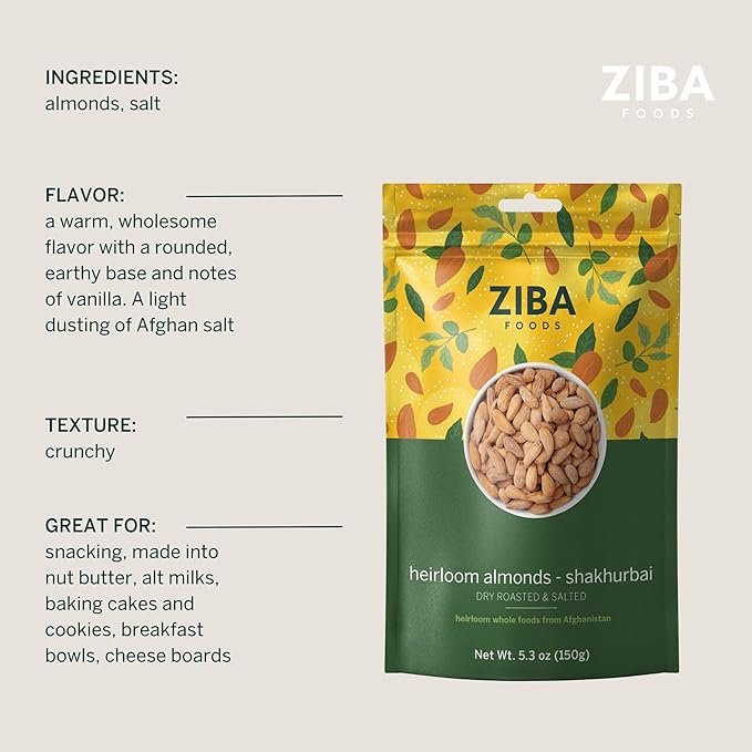 Ziba Foods Heirloom Shakhurbai Almonds | Dry Roasted & Salted | Non-GMO, Vegan, Gluten Free Snack, Nuts | Heirloom, Warm & Nutty | Healthy, Delicious Snack, 5.3 oz