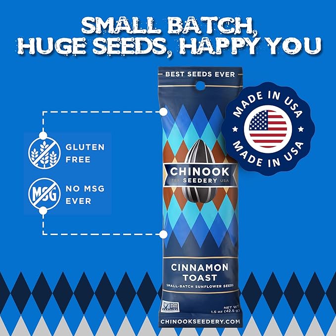 Chinook Seedery Roasted Sunflower Seeds to Eat - 1.5 oz (Pack of 36) Cinnamon Toast - Jumbo Low Sodium Sunflower Seeds Keto Snacks - Adventure, Baseball, School Snacks - Gluten Free, Non GMO Snacks
