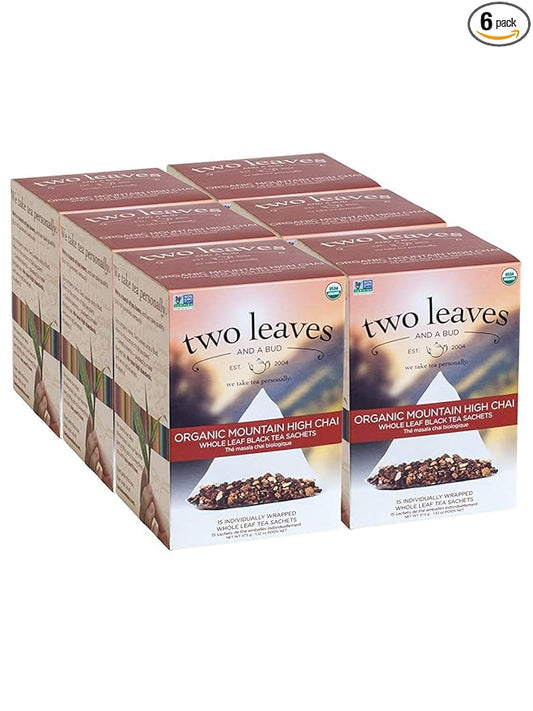 Two Leaves and a Bud Organic Mountain High Chai Tea Bags, Whole Leaf Black Tea and Spices in Compostable Sachets, Add Milk and Sweetener or Drink Plain, 15 Count (Pack of 6)