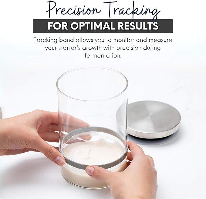 Alvina Collection Sourdough Starter Jar Kit (34 oz) - Large Sourdough Glass Jar w/SS Steel Lid, Spatula & Tracker Band - Dishwasher Safe, Wide Mouth Sourdough - Ideal Sourdough Starter Kit Beginners