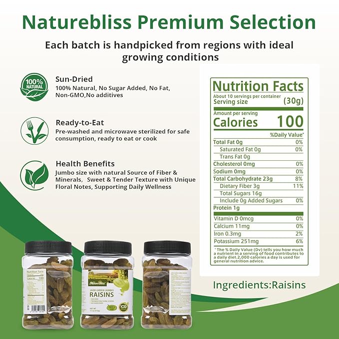 Naturebliss Premium Green Raisins, Long-Grain, Jumbo Seedless Grapes Dried Fruit Snacks, No Sugar Added, Non-GMO, Naturally Shade-Dried Raisins, Healthy Energy Snacks (6 OZ/Pack of 1)