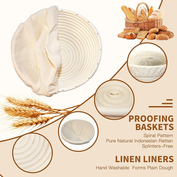 Banneton Bread Proofing Basket,Sourdough Bread Baking Supplies,Sourdough Starter Kit with 9" Round Banneton Basket,Perfect Banneton Basket Gift Set for Making Beautiful Bread