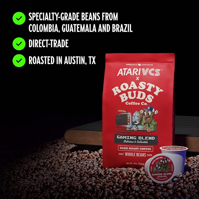 Atari VCS??Gaming Blend Dark Roast Whole Bean Coffee 12oz | Roasty Buds 100% Arabica Coffee From Colombia, Guatemala, Brazil | Gluten-Free, Non-GMO