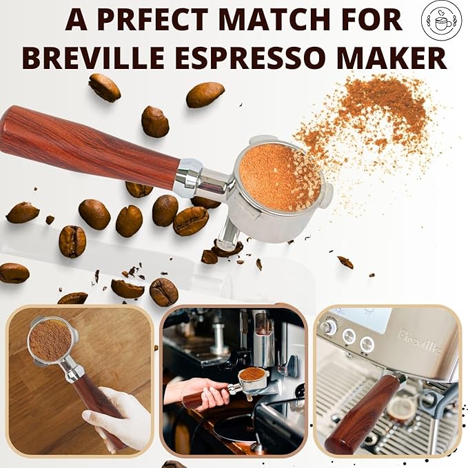 Espresso Portafilter 54mm Double Spout Compatible with Breville Bambino Plus (BES500) Infuser (BES840XL) 54mm Breville Barista Series- Wooden Handle - Stainless Steel Filter Basked Included