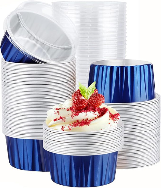 EUSOAR Disposable Ramekins with Lids, 120pcs 5oz Aluminum Foil Cupcake Liners Ramekins Cups for Baking, Dessert Cups Aluminum Cheesecake Pan Creme Brulee Baking Cups for Oven-Royal Blue