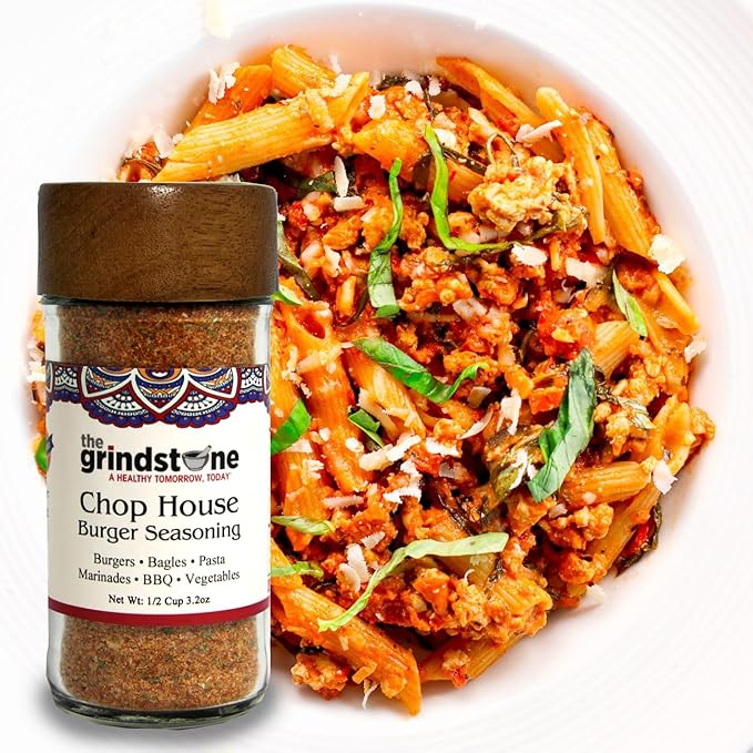 The Grindstone, Salt-Free Chop House Burger Seasoning, Spice mix for Burgers, BBQ, Veggies, Pasta, Grilling, 3 oz. Glass Jar with Sifter, Pack of 2