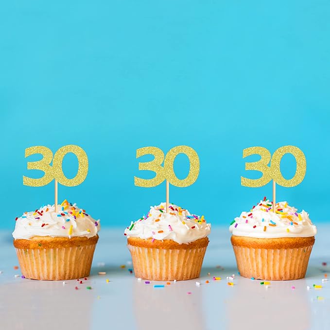 24PCS Gold Glitter 30th Birthday Cupcake Toppers Number 30 Birthday Celebrating Cake Decorations Supplies for Birthday Anniversary Party