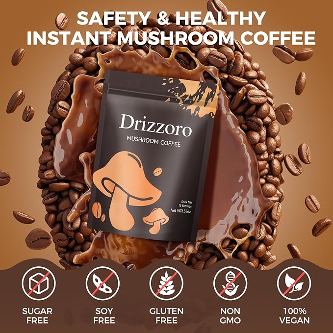 Mushroom Coffee, 15 Servings Organic Mushrooms Instant Coffee, Powder for Energy, Digestion & Immune Support, 6 Superfood Lion's Mane, Reishi, Cordyceps, Shiitake, King Trumpet & Turkey Tail