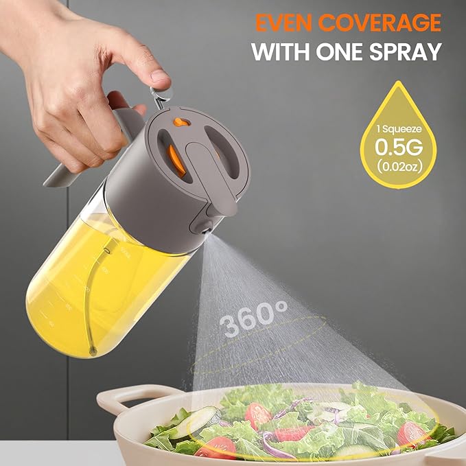 Oil Sprayer for Cooking, 2025 Large Advanced Olive Oil Dispenser Bottle,500ml/17oz Glass Olive Oil Sprayer,2 in 1 Even Spray with Portion Control for Kitchen, Air Fryer, Salad, BBQ - Gray