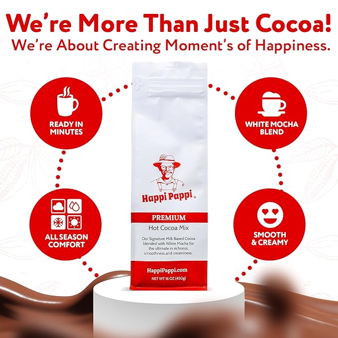 Happi Pappi - Premium Hot Cocoa Mix, Dairy-Based Rich and Creamy Chocolate Powder for Drinks & Baking, Indulgent Cacao Treats for Cozy Nights and Warm Beverages, 16 oz Bag ??White Mocha Flavor
