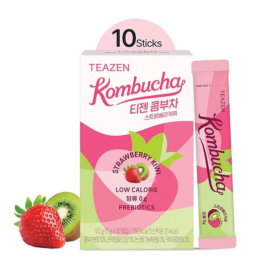 TEAZEN Strawberry Kiwi Kombucha Tea, Hydration Drink Mix, Sugar Free, Live Probiotics & Prebiotics