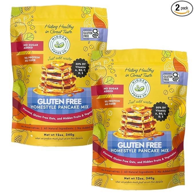 Hidden Foods Homestyle Gluten Free Protein Pancake Mix Oats, Fruit & Veggie Blend No Sugar Added Contains Milk Monk Fruit Sweetener Protein & Fiber Breakfast Meal Just Add Water - 12 oz - 2 Pack