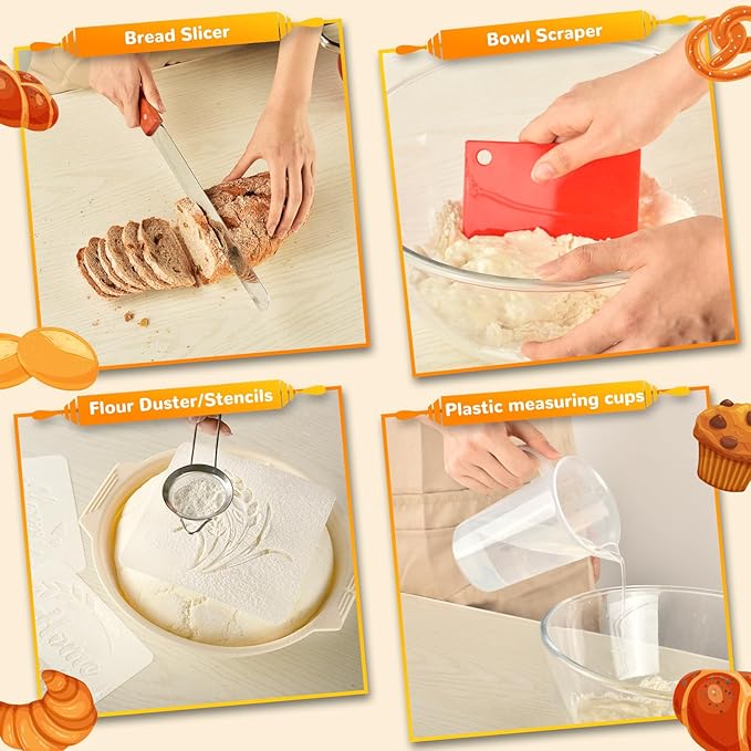 Super All-Inclusive Sourdough Bread Baking Supplies 50 oz Sourdough Starter kit with Pot, 4 Silicone Bread Proofing Baskets, Starter Jar, Scraper, Scale, Bread Making Tools & More (Red)
