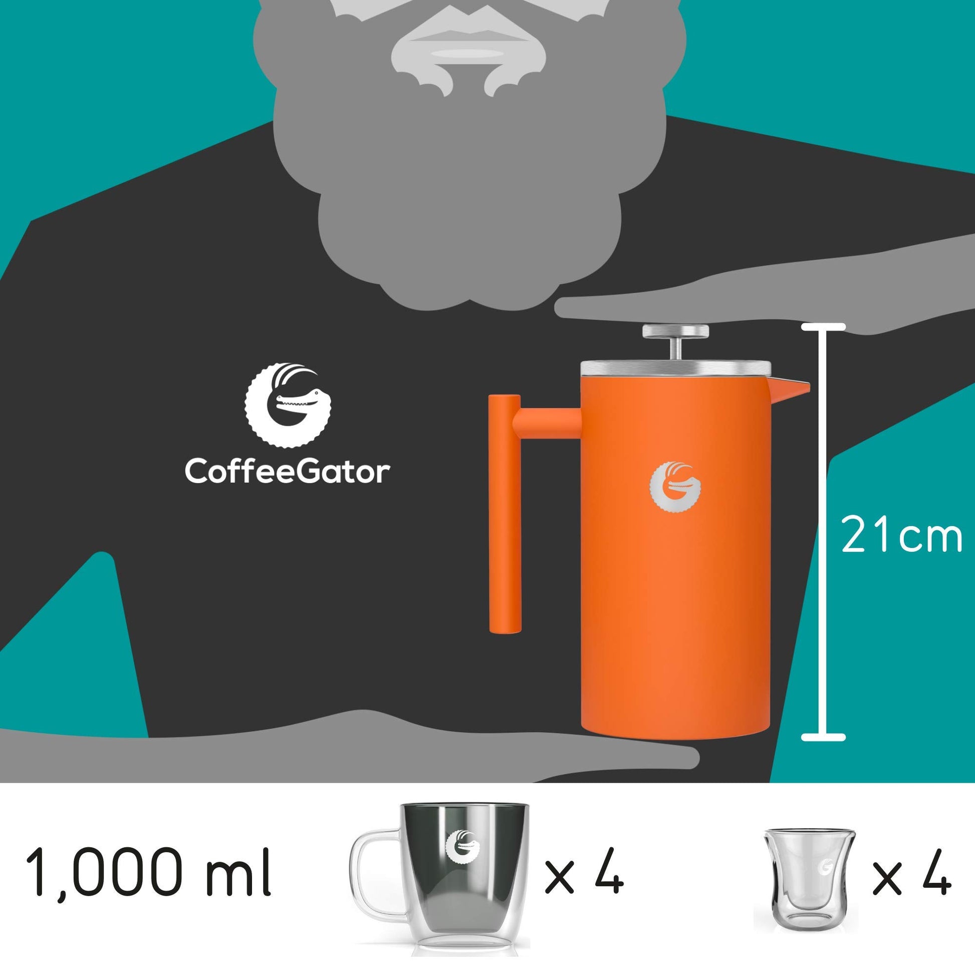 Coffee Gator French Press Coffee Maker 34 oz, Non-Toxic, Orange