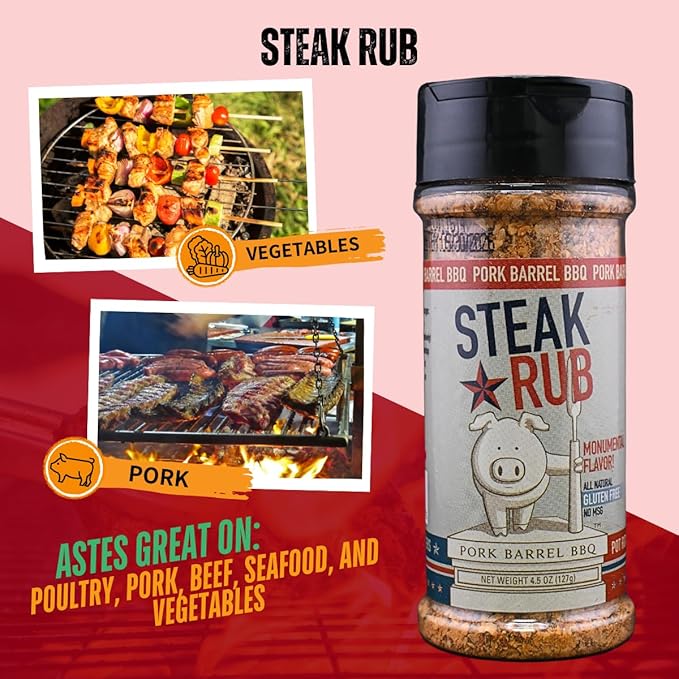 Pork Barrel BBQ Steak Spice Rub | Premium All-Purpose Seasoning, No MSG, Gluten-Free, Zero Calorie | Grill Seasoning for Beef, Steak, Burgers, Pork, and Chicken, 4.5 oz