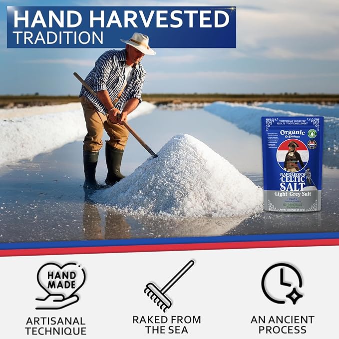 Napoleon's Celtic Organic 82 Minerals Sea Salt Coarse, French Sea Salt, Grey Salt, 1/2lb Resealable Bag, Mineral Rich Unrefined Sea Salts, Naturally Moist, Hand Harvested, Unrefined Mineral Salt, 100% Natural, Sel Gris (0.5lb Grey Coarse) Pack of 1