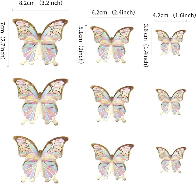 30pcs Color Gold Edge Mixed Size Lively 3D Waterproof Butterfly Cupcake Topper for Girls Women's Happy Birthday Wedding Party Cake Wall Party Food Decorations