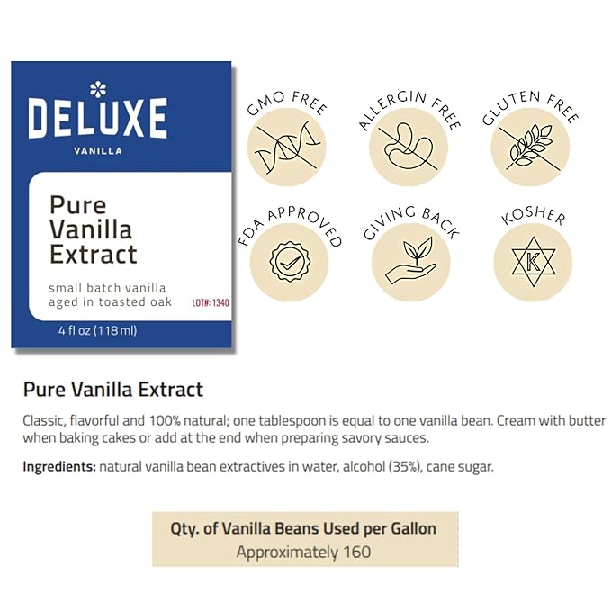 Pure Vanilla Extract for Baking (4 oz) Deluxe Vanilla Gourmet Vanilla Made from Real Vanilla Beans for Rich Flavor