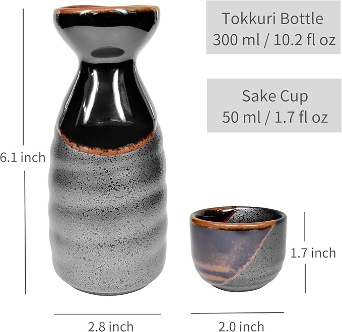 Product of Gifu Japan Japanese Sake Set, 1 Tokkuri Bottle Carafe and 4 Ochoko Cups Ceramic Sake Glasses, 5 Piece Set, Black Kuro Oribe