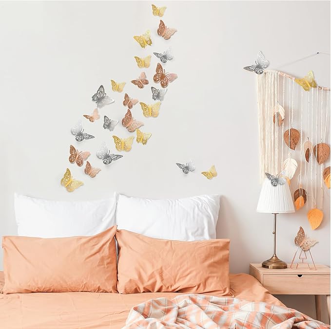 Crosize 72 Pcs Butterfly Decorations, 3 Sizes 3 Styles, 3D Butterfly Wall Decor, Butterfly Party Decorations, Birthday Decorations, Butterflies for Crafts, Cake Decorating(Rose Gold & Gold & Silver)