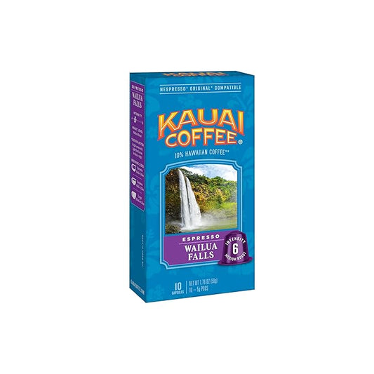 Kauai Coffee Espresso Pods Compatible with Nespresso Original Coffee Makers – Arabica Coffee, 10% Hawaiian – Medium Roast, Floral Notes & Smooth Finish – Wailua Falls, 1 Pack of 10 Espresso Pods