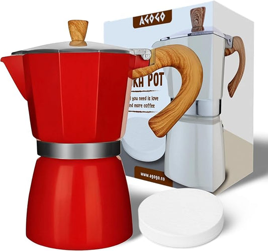 AGOGO Milano Moka Pot, Stovetop Espresso Maker, Greca, Coffee Percolator, Turkish Coffee Maker with Paper Filter 6 Cup Red