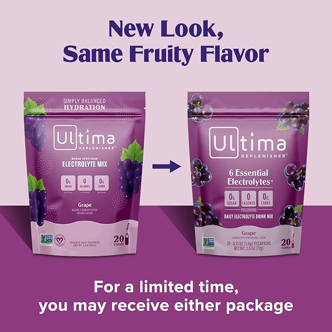 Ultima Replenisher Daily Electrolyte Powder Drink Mix ??Sugar Free ??Grape, 20 Stickpacks ??Hydration Packets with 6 Key Electrolytes and Trace Minerals ??Keto Friendly, Vegan, Non-GMO