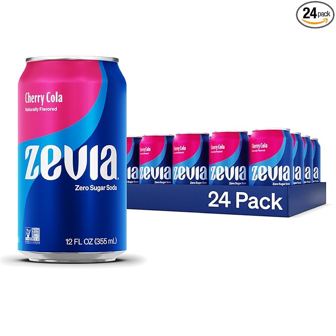Zevia Zero Sugar Soda, Cherry Cola, 12 oz Cans (24-Pack) ??Naturally Sweetened, Non-GMO Project Verified, Gluten-Free, Vegan