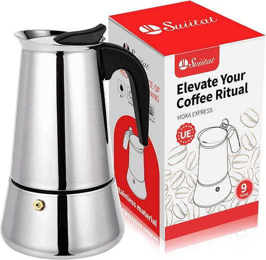 Moka Pot, 9 Cups (15.9 oz) Stovetop Espresso Maker, 304 Stainless Steel Moka Pot, Induction Compatible, Silver