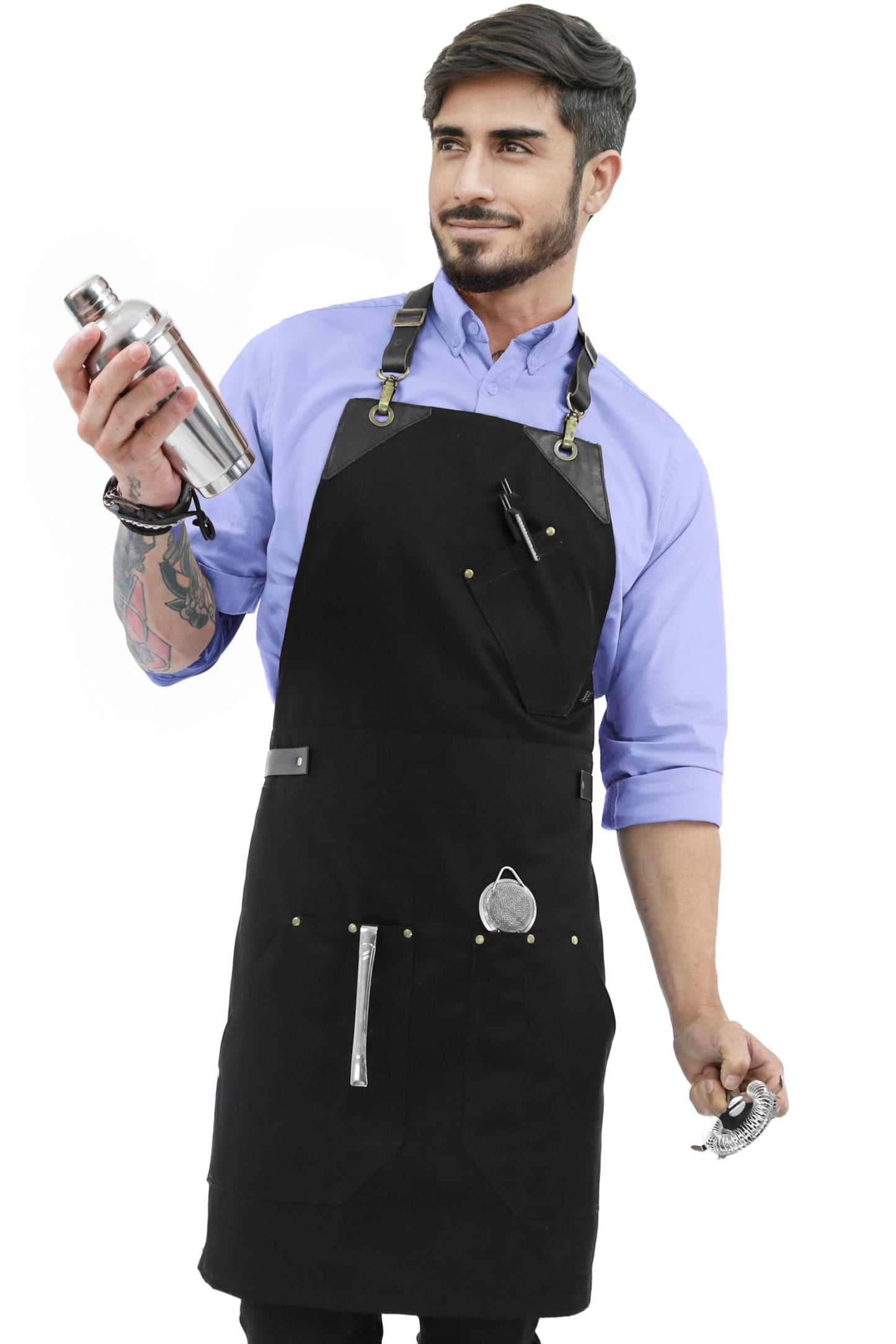 Under NY Sky Barista Apron, Detachable Leather Straps, Riveted - Black