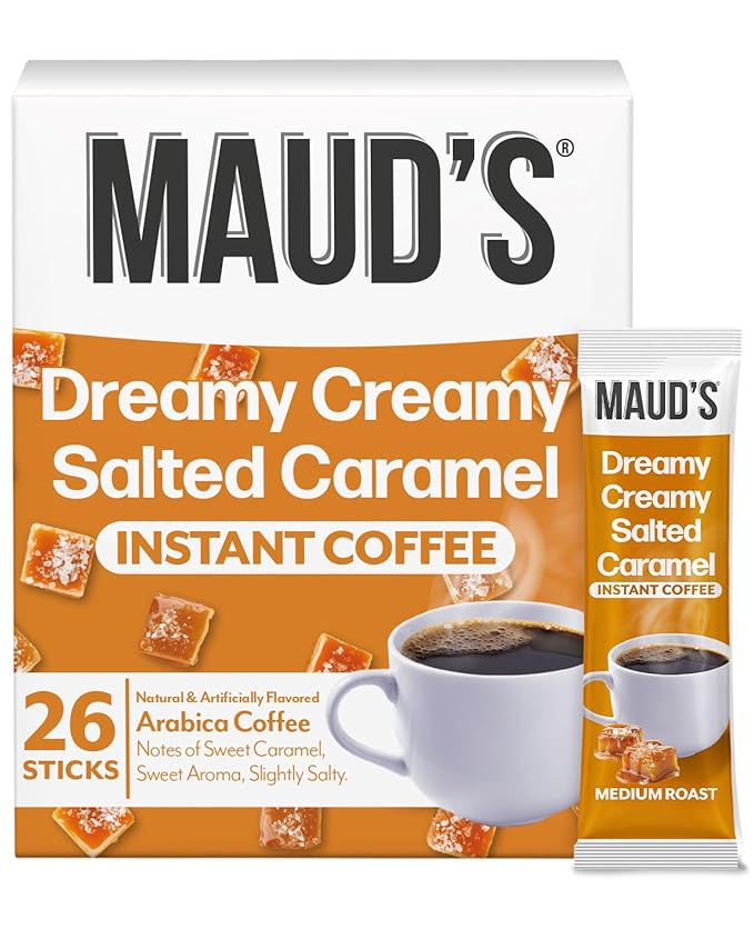 Maud's Salted Caramel Favored Instant Coffee, 26 ct, 100% Arabica Coffee, Medium Roast, Instant Hot or Iced Coffee - Just add water