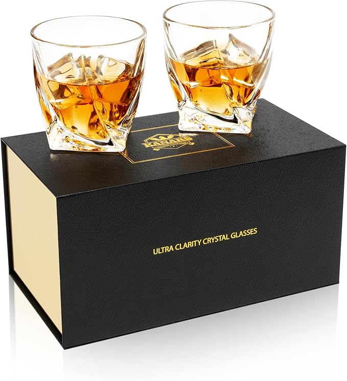KANARS Old Fashioned Whiskey Glasses with Luxury Box - 10 Oz Twisted Liquor Tumblers for Scotch, Bourbon, and Cocktail Drinks - Set of 2 - Men Gift for Housewarming Birthday Anniversary