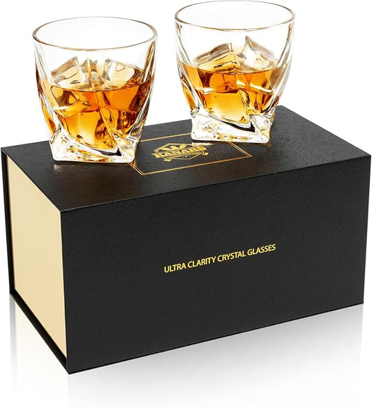 KANARS Old Fashioned Whiskey Glasses with Luxury Box - 10 Oz Twisted Liquor Tumblers for Scotch, Bourbon, and Cocktail Drinks - Set of 2 - Men Gift for Housewarming Birthday Anniversary