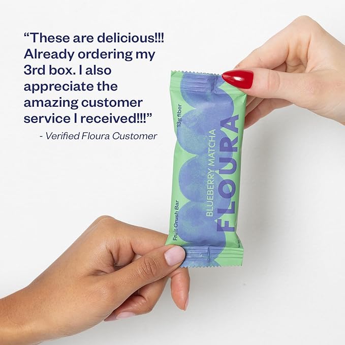 Floura Blueberry Matcha Fruit-Forward Fiber Bars??High Fiber, Vegan, Gluten & Dairy Free, Low Calorie Healthy Snack Bars with Upcycled Produce for Gut Health [10 Pack]