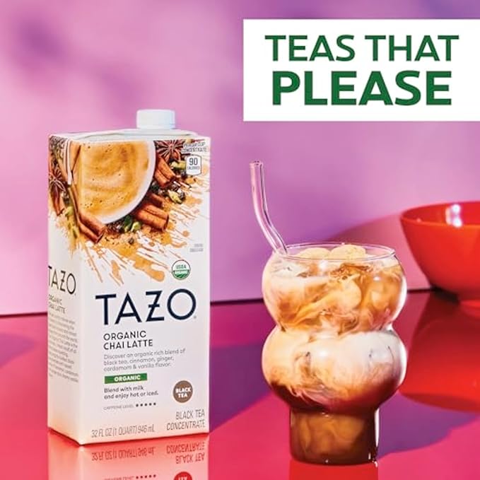 TAZO Organic Chai Latte Concentrate, Hot or Iced Black Tea, Easy-to-Serve, Everyday Lattes and Mocktails, 32 oz Carton (Pack of 2)