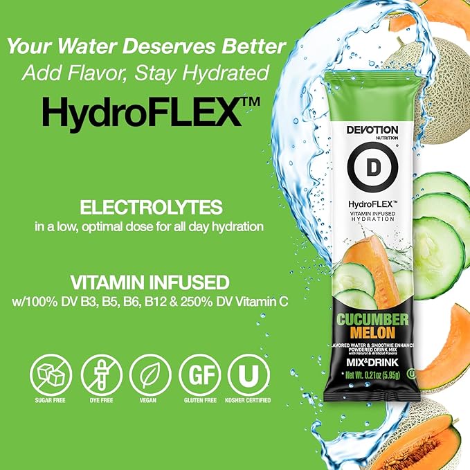 Devotion Nutrition HydroFLEX Water Flavoring Packets ??Sugar-Free Hydration with Vitamins & Electrolytes ??Dye-Free, Gluten-Free (Cucumber Melon) 12-Pack Drink Mix