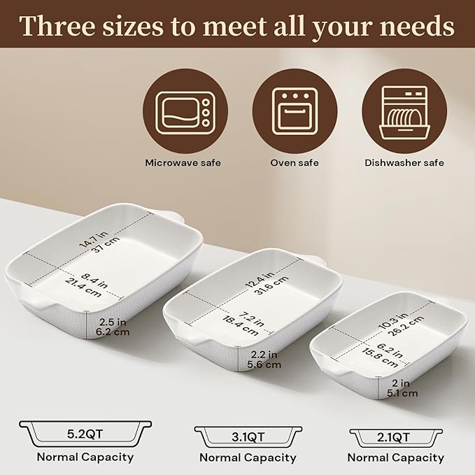 Bakeware Casserole Oven Dishes Baking - 3pcs Ceramic Rectangular Oven Serving Sets,ï¼?0.3/12.4/14.7）Stoneware Cookware Pan, Porcelain White Thanksgiving Ware for Cooking Lasagna