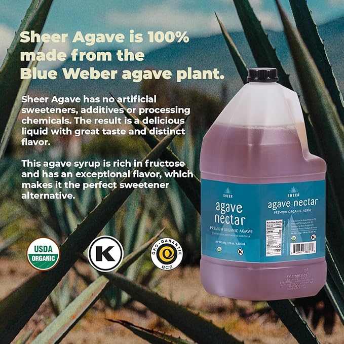 Sustainable Agave Co - Sheer - Agave Nectar - 4 x 1 Gallon Bottles (5kg each) - Raw Sweetener, Sugar-Alternative, Vegan, Non-GMO, Kosher, Gluten-Free Syrup - Bartender's Best Friend