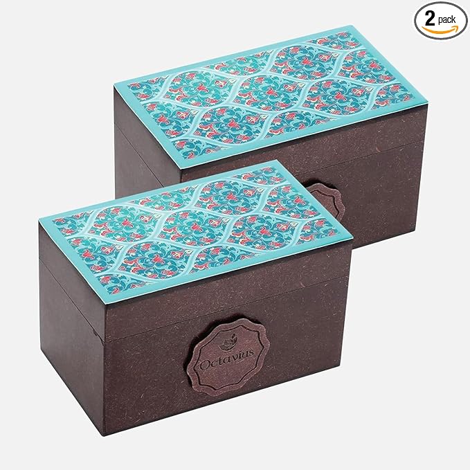 Octavius Assorted Tea Gift Set | 6 Assorted Black & Green Teas | 30 Teabags | Wooden Tea Sampler Pack w/Ornate Floral Design | Pack of 2