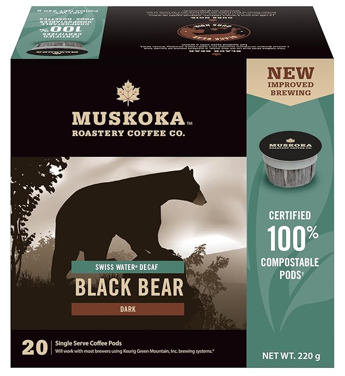 Muskoka Roastery Coffee, Black Bear, Decaf Dark Roast, 20 Single Serve Coffee Pods, Compatible with K-Cup Keurig Brewers
