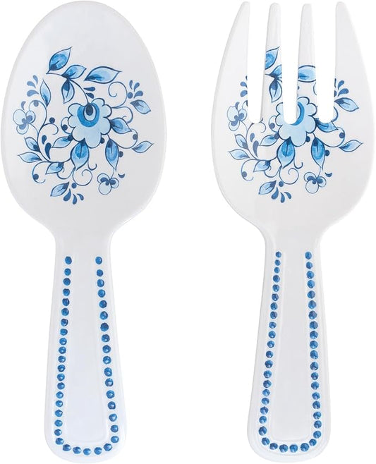 UPware Blue and White Floral Melamine Salad Servers, Serving Utensil Set, Includes Serving Fork and Spoon for Tossing Salad, Pasta, Blue, White, 10.75 Inch, Set of 2