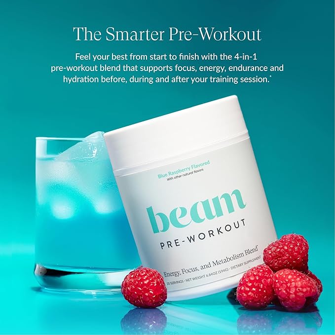 Beam Pre Workout Powder for Energy, Focus & Endurance ??Natural Caffeine from PurCaf, Cognizin, Electrolytes, L-Citrulline, Beta-Alanine, L-Theanine ??No Crash, Jitter-Free, 20 Servings