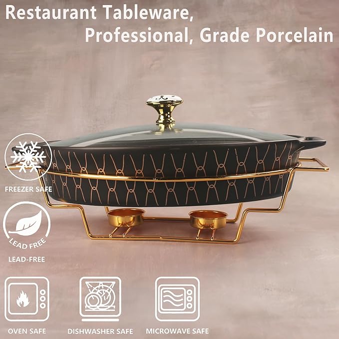 11" x 7.5" Ceramic Oval Casserole Dish with Glass Lid and rack, 40 OZ Serving Soup Tureen,Chafing Dish for Buffet, Family Food preserve Tray, Catering Casserole for Party Style, Black