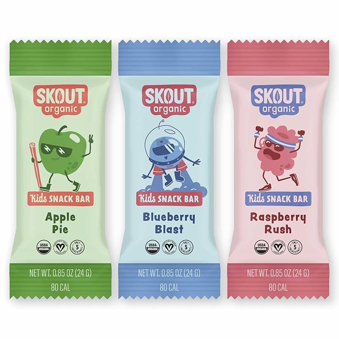 Skout Organic Real Food Bars for Kids Fruit Variety Pack (18 Pack) | Organic Snacks for Kids | Plant-Based Nutrition, No Refined Sugar | Vegan | Gluten, Dairy, Grain & Soy Free