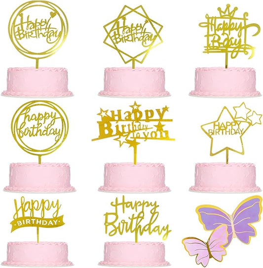 28 Pcs Happy Birthday and Butterfly Cake Toppers Set, Acrylic Gold Birthday Cupcake Toppers, Butterfly Cake Decorations