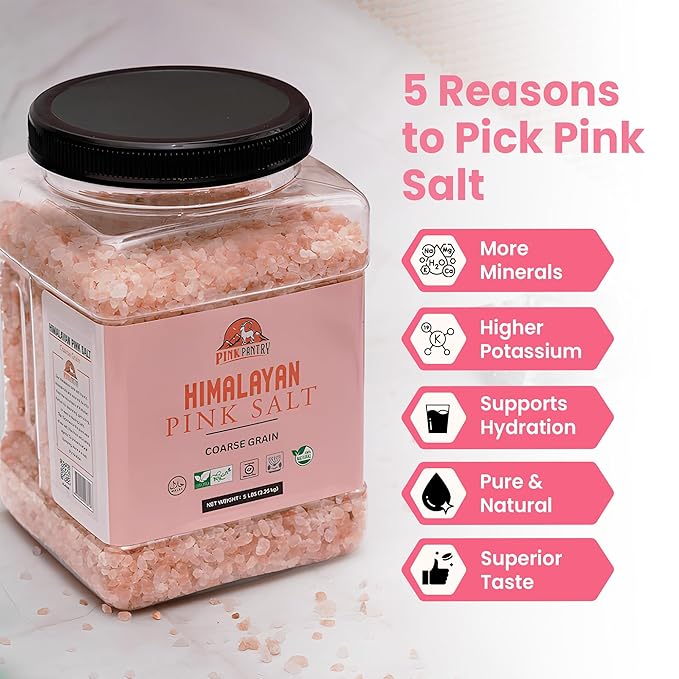 Pink Pantry Himalayan Pink Salt, 100% Pure Himalayan Salt, Non-GMO, Kosher Certified, No Additives, Ideal for Cooking, Seasoning & Gourmet Dishes, Rich in Trace Minerals, 5lb Jar, Coarse Grain