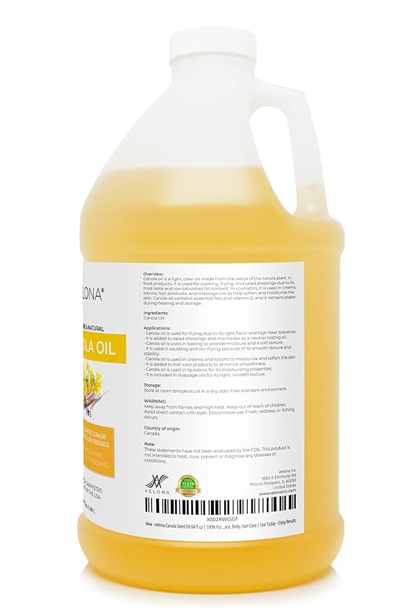 velona Canola Seed Oil 64 fl oz | 100% Pure and Natural Carrier Oil | Refined, Expeller pressed | Cooking, Dressing, Skin, Face, Body, Hair Care | Use Today - Enjoy Results